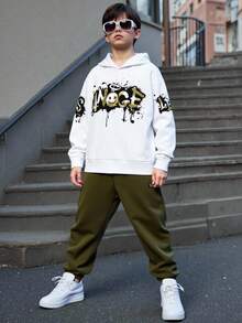 SHEIN 2 件青少年男孩休闲卡通字母图案宽松连帽卫衣套装，适合秋冬季 - 白色 - 查看 3