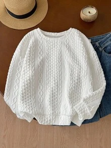 SHEIN 青少年女孩宽松休闲圆领套头衫，纹理针织简约长袖运动衫，秋冬季返校和日常穿着，秋季服装，冬季服装，圣诞节运动衫，圣诞节服装 - 白色 - 查看 3