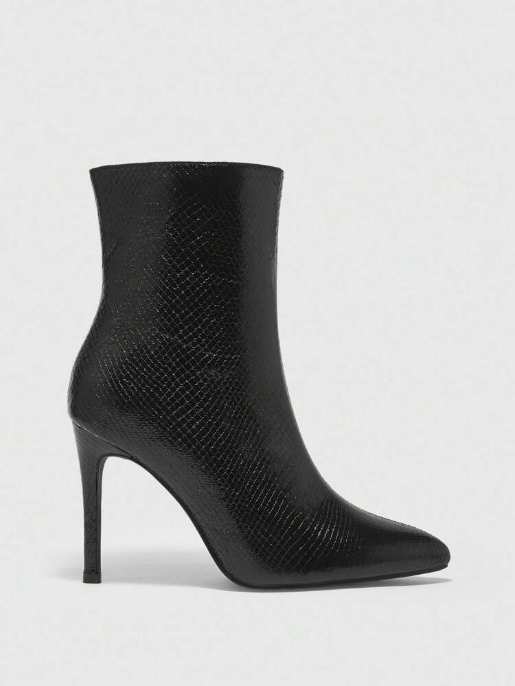 CUCCOO BIZCHIC High-Quality Black Snake Skin Pattern Mid-Calf Boots, Pointed Toe Slim Heel Elegant Women's Boots, Fashionable Versatile New Style Long Boots, Showcasing Feminine Charm And Elegant