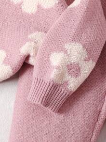 SHEIN 青少年女孩休闲粉色花卉提花宽松套头衫和喇叭裤套装，适合居家和户外，秋冬季