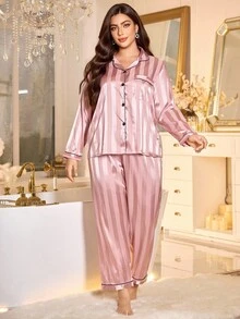SHEIN MuseNap CURVE 加大码条纹提花撞色滚边缎面睡衣套装，上衣和裤子，秋冬舒适优雅细节 - 藕粉色 - 查看 3