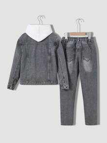 SHEIN Tween Boys' Casual Versatile All-Match Vintage Distressed Washed Comfortable Denim Set, Suitable For Daily Wear, New Arrival 2024 Fall Winter - Grey - View 2