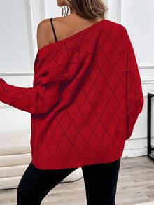 EMERY ROSE Casual Comfortable Hollow Diamond Pattern Cardigan For Women - Red - View 2