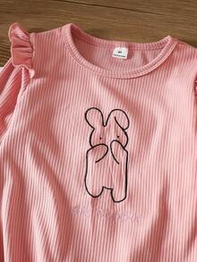 2pcs/Set Young Girl Crew Neck Ribbed Knit Long Sleeve Top With Cute Rabbit Embroidery & Striped Pants, Cozy Loungewear, Autumn/Spring Fall Winter - Multicolor - View 4