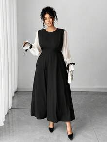 Elenzga Christmas Plus Size Color Block Lace-Up Midi Dress, Suitable For Daily Commute, Party And Other Occasions - Embrace Your Inner Shadow Dark Feminine Fashion