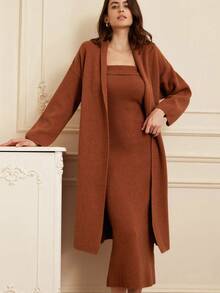 Aveloria Rosie 法式性感柔软温柔优雅开衫+抹胸连衣裙毛衣套装连衣裙毛衣2件套 - 駝色 - 查看 5