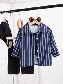 SHEIN 3 件套女婴夏季休闲条纹长袖防晒翻领衬衫外套、柔软黑色吊带背心和紧身短裤套装，适合上学、日常穿着和运动 - 藍色 - 查看 4
