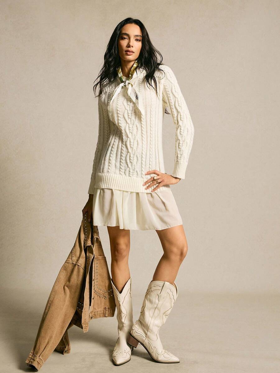 SHEIN PariChic Robe pull à manches longues minimaliste de couleur unie pour femmes, convenant pour un port quotidien, automne/hiver - Tabac - Voir 1
