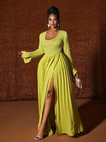 Maweii Plus Size Women Spring Ruffle High Slit Long Sleeve Dress - Green - View 6