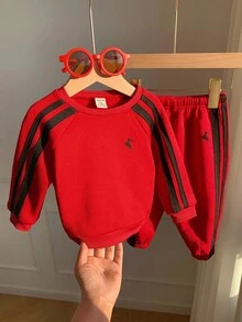 2 Stück/Set Baby Jungen Süß Lässig Sport Schleife Strick Weihnachtsrot Sweatshirt und Jogginghose Trainingsanzug, Unisex Baby Kleidung, Baby Winter Kleidung - Verschiedenfarbig - Übersicht 7