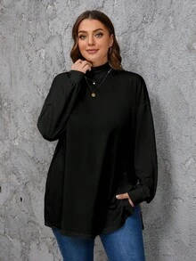 SHEIN LUNE 2 件大码高领宽松长袖黑白 T 恤套装，适合秋冬季 - 黑與白 - 查看 7