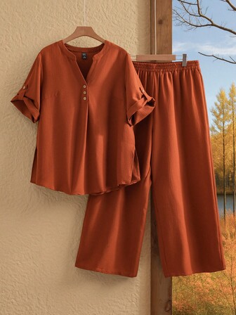 EMERY ROSE 2 件套大码女式夏季纯色 V 领卷边袖衬衫和阔腿裤休闲套装