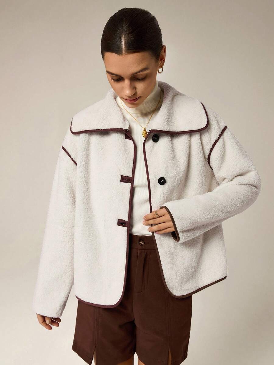 Hanevo Women's Fashion Casual Contrast Trim Drop Shoulder Regular Jacket - Multicolor - View 1