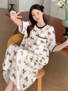 DAZY 小狗印花刺绣撞色边宽松女式睡袍睡衣 - 杏色 - 查看 7