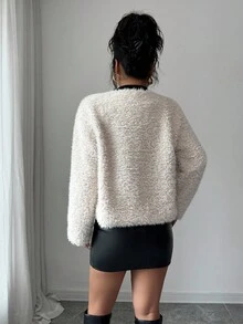 Elenzga 优雅精致的毛绒蝴蝶结装饰女士常规夹克 - 米色 - 查看 2