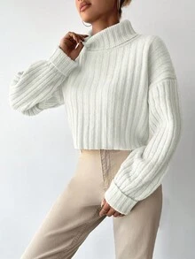 EURMUSE Turtleneck Drop Shoulder Ribbed Knit Jumper - Beige - View 3