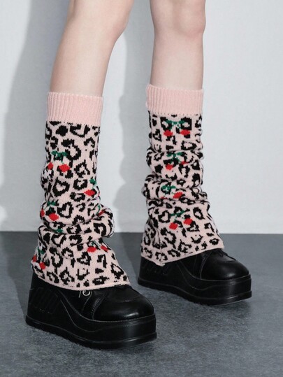 Grunge Punk 1 Pair Cute Kawaii Pink & Black Heart Leopard Cherry Print Wide Leg Warmers