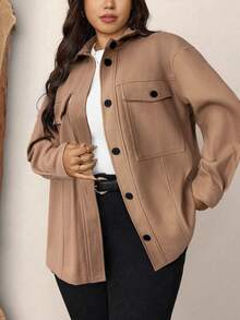 SHEIN LUNE Plus Size Casual Overcoat, Suitable For Autumn/Winter - Khaki - View 3