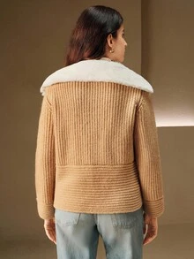 Anewsta 女士厚人造毛领拼布开衫毛衣外套，高端，秋冬 - 卡其色 - 查看 6