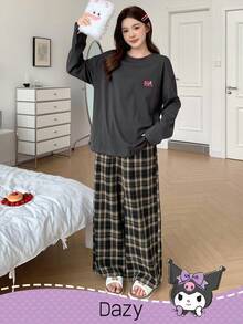 DAZY HELLO KITTY AND FRIENDS | SHEIN 卡通印花T恤上衣和格子宽松长裤女士两件套睡衣套装，秋冬服装 - 深灰色 - 查看 7