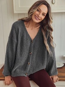 Louniche Women's Fashionable Soft Fluffy Lantern Sleeve Cardigan, Autumn/Winter - Grey - View 5