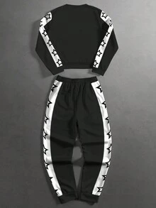 Manfinity Homme 男士休闲星星图案撞色套头衫和裤子套装，秋季服装 - 彩色 - 查看 2