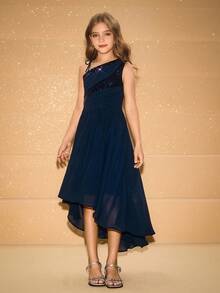 青少年女孩时尚派对不对称下摆肩部连衣裙，派对装 - 藏蓝色 - 查看 7