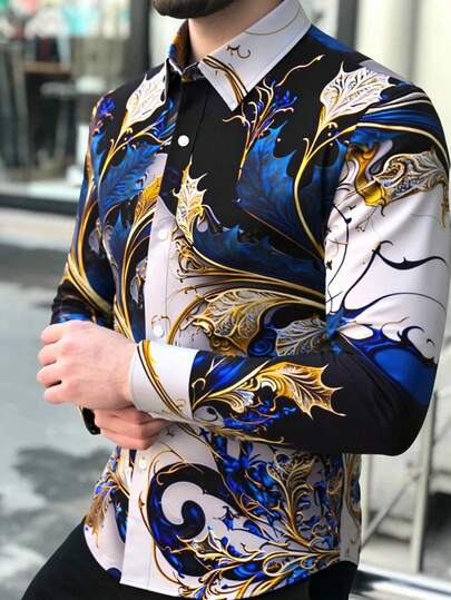 Manfinity AFTRDRK Herrskjorta med retro blommönster och långärmad tryck för vår och höst, bekväm skjorta som present, moderiktig herrskjorta