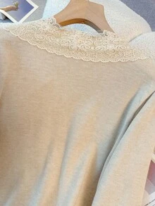 GlowEve CURVE Plus Size Women Autumn Contrast Lace Ruffle Trim Single-Breasted Elegant Knit Cardigan Fall Winter Cloth For Women - Apricot - View 3