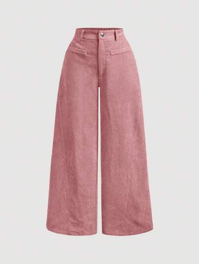 SHEIN MOD Pantalones de pana de unicolor vintage y simples para mujer de talla grande, pantalones rosas para mujer, pantalones anchos para mujer
