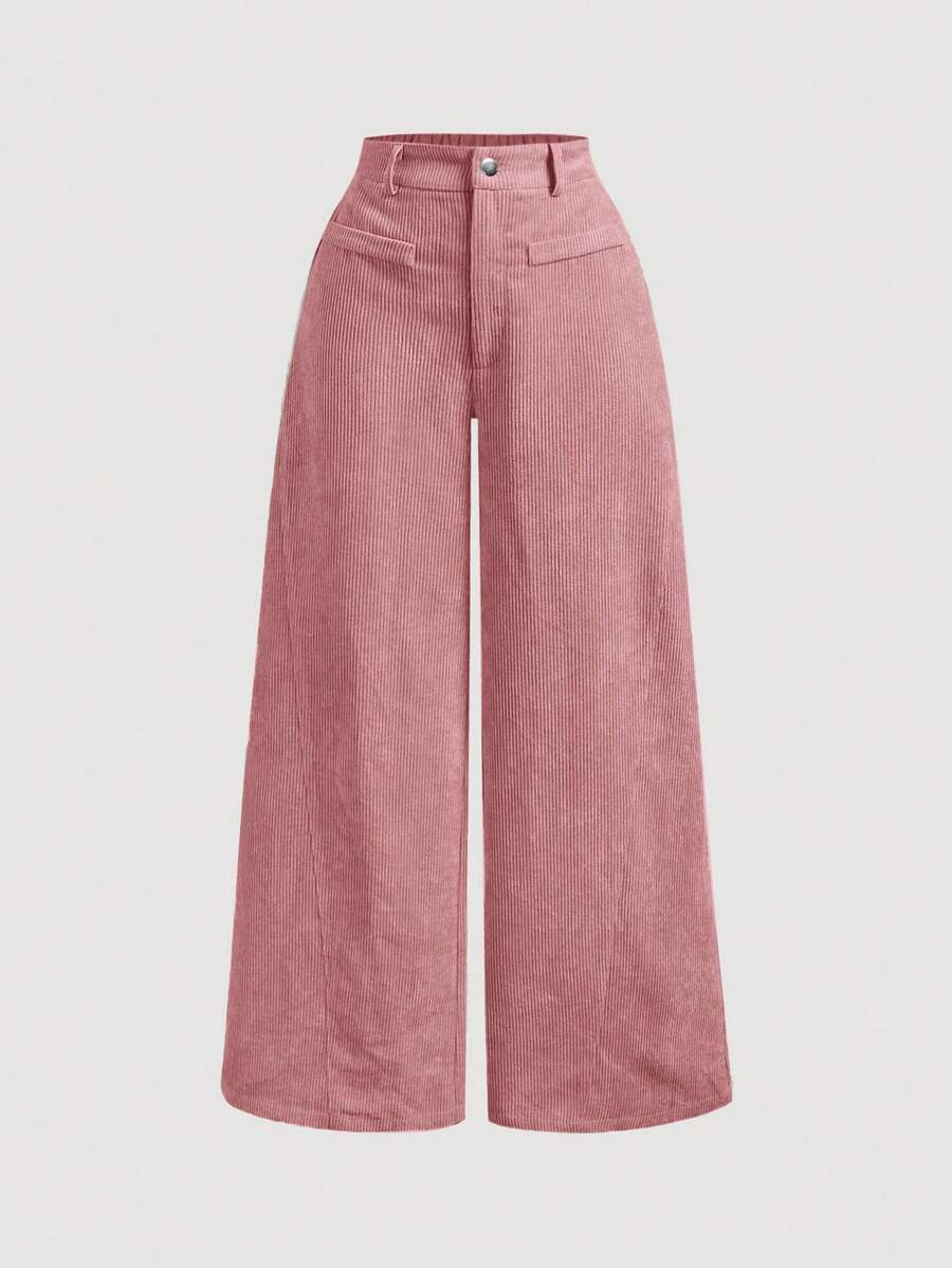 SHEIN MOD Quần nhung kẻ sọc đơn giản cổ điển màu trơn cỡ lớn dành cho nữ, quần nữ màu hồng, quần nữ ống rộng - Hồng - Xem 1