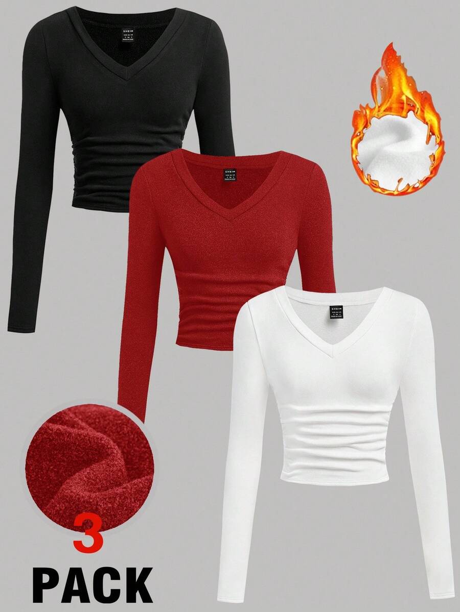 SHEIN EZwear Áo thun dài tay ôm sát cổ chữ V nhún eo giữ nhiệt nhiều màu sắc cho nữ, thoải mái & đa năng, phù hợp cho mùa thu/đông - Nhiều màu - Xem 1