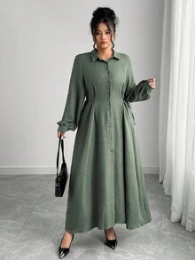Elenzga 大码女式优雅正式办公室通勤休闲度假复古教师秋季中东纯色皱褶面料衬衫领前开腰系蝴蝶结中长连衣裙 - 軍綠色 - 查看 6