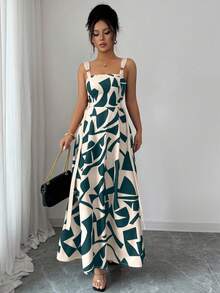 Women's Summer New Casual Spaghetti Strap Waist Flared Geometric Print Dress - Multicolor - View 3