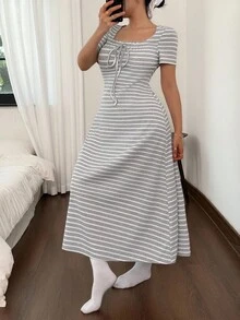 Dream Adore 女式休闲条纹针织褶饰方领长裙家居服夏装女式夏装条纹休闲裙女式条纹裙休闲裙 - 淺灰色 - 查看 6