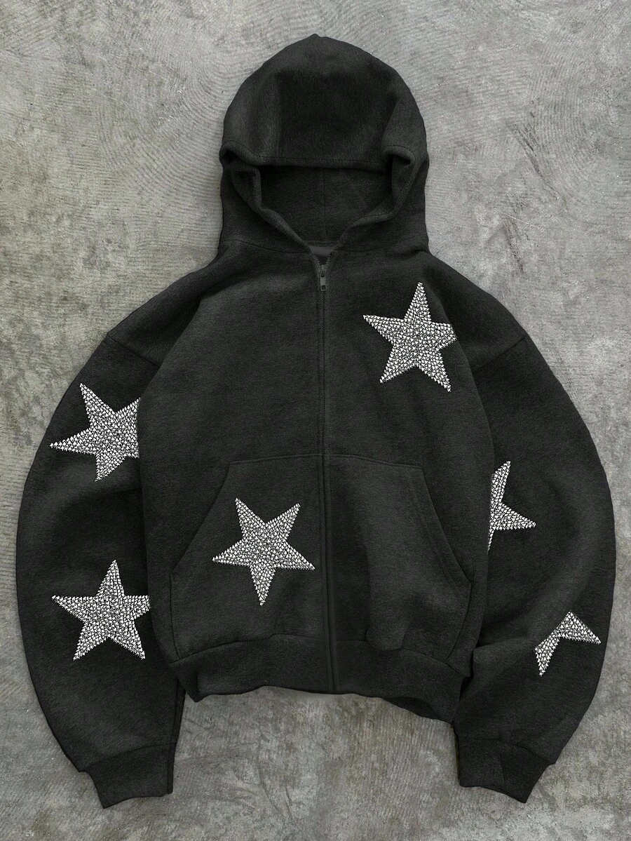 INAWLY Fashionable Streetwear Star Print Zip-Up Sweatshirt For Women - Black - View 1