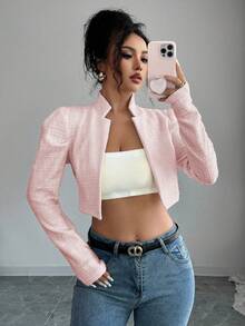 Elenzga Women's Textured Knit Fabric Stand Collar Leg-Flattering Long Sleeve High-End Elegant Thanksgiving Halloween Street Style Outerwear, Lightweight Short Jacket For Autumn/Winter