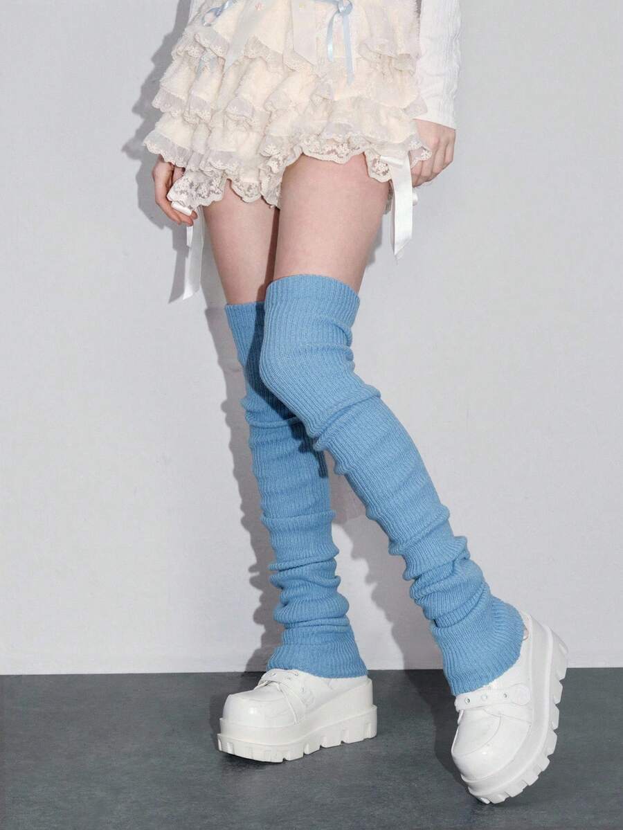 ROMWE Goth 1 Pair Women's Dopamine Themed Solid Color Extra Long 90cm Leg Warmers - Baby Blue - View 1
