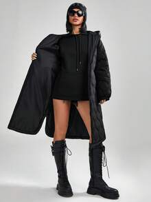 CasuGlow Women Hooded Pocket Detailed Long Quilted Winted Coat - Black - View 3