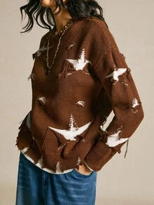 SoleilVie Suéter de 2 en 1 con contraste de color y efecto desgastado, otoño/invierno - Marrón - Ver 4