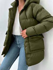 EURMUSE Manteaux d'hiver pour femmes, simples et décontractés, vert militaire, avec poches à fermeture éclair, manches longues - Militaire verte - Voir 5