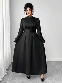 Elenzga Váy buộc eo màu trơn thanh lịch cỡ lớn - màu đen - Xem 1