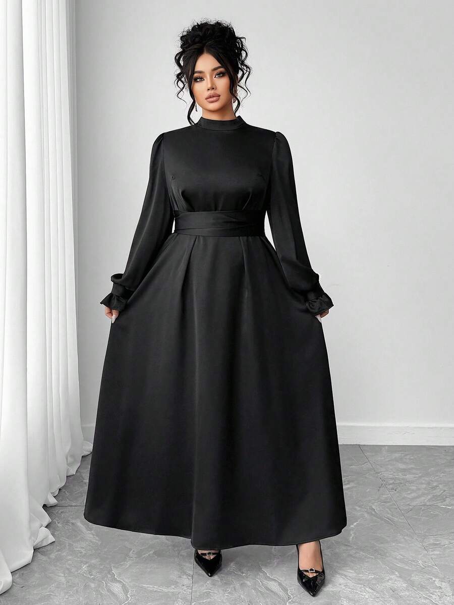 Elenzga Váy buộc eo màu trơn thanh lịch cỡ lớn - màu đen - Xem 1