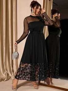 Cravure Váy thu thanh lịch dành cho nữ với vải lưới chắp vá - màu đen - Xem 4