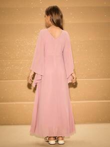 Tween Girls' Chiffon V-Neck Flare Sleeve Asymmetrical Hem Mid-Length Dress, Suitable For Flower Girl, Wedding, Prom, Birthday Party, Christmas, Halloween, Back To School, Graduation - Pink - View 2