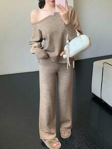 DAZY 2 件套女士休闲纯色针织毛衣上衣和直筒裤套装，秋冬 - 卡其色 - 查看 2