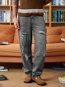 STEELVANCE Quần ống rộng denim đen giặt sờn rách cho nam có vết gỉ sét, phong cách đường phố thường ngày - màu đen - Xem 4