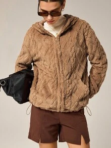 Hanevo Women's Regular Fit Zebra Print Faux Fur Jacket - Camel - View 6