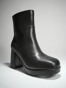 SHUZIA 女式方头粗跟拉链踝靴 - 黑色 - 查看 7