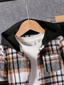 SHEIN 2pcs/Set Young Boy Casual Plaid Patchwork Hooded Jacket And Sweatpants Set, Suitable For Autumn/Winter Fall - Multicolor - View 3